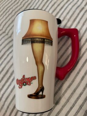 A Christmas Story Holiday Leg Lamp Ceramic Travel Mug with Red Handle